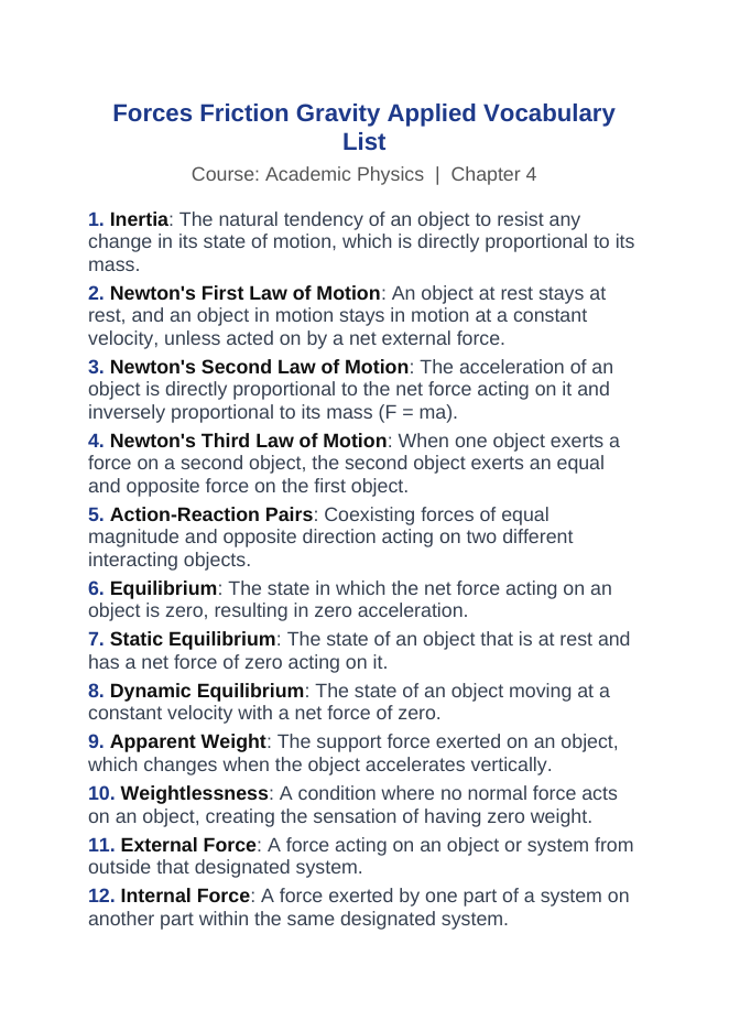 Forces: Friction, Gravity, & Applied Forces Vocabulary Words & Definitions sample page