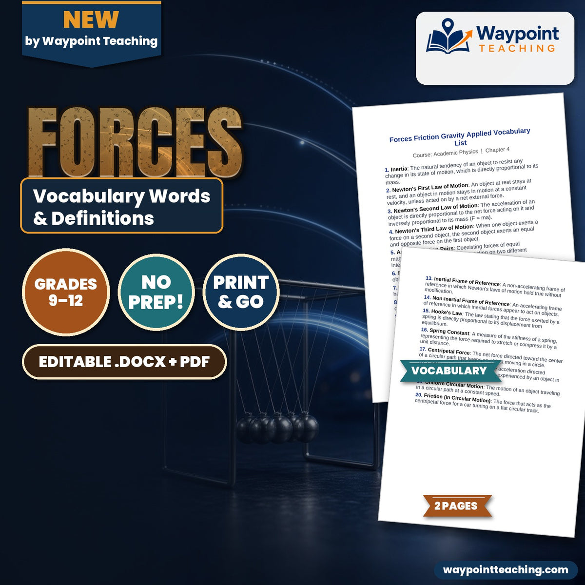Forces: Friction, Gravity, & Applied Forces Vocabulary Words & Definitions cover