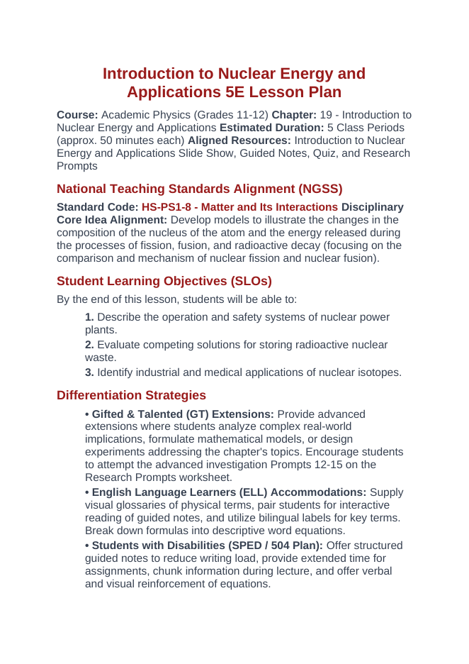 Introduction to Nuclear Energy & Applications 5E Lesson Plan sample page