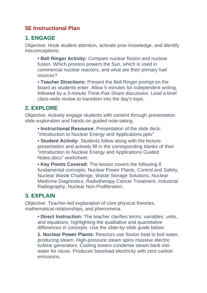 Introduction to Nuclear Energy & Applications 5E Lesson Plan sample page