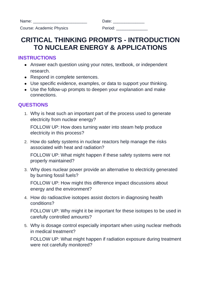 Introduction to Nuclear Energy & Applications Critical Thinking Prompts sample page
