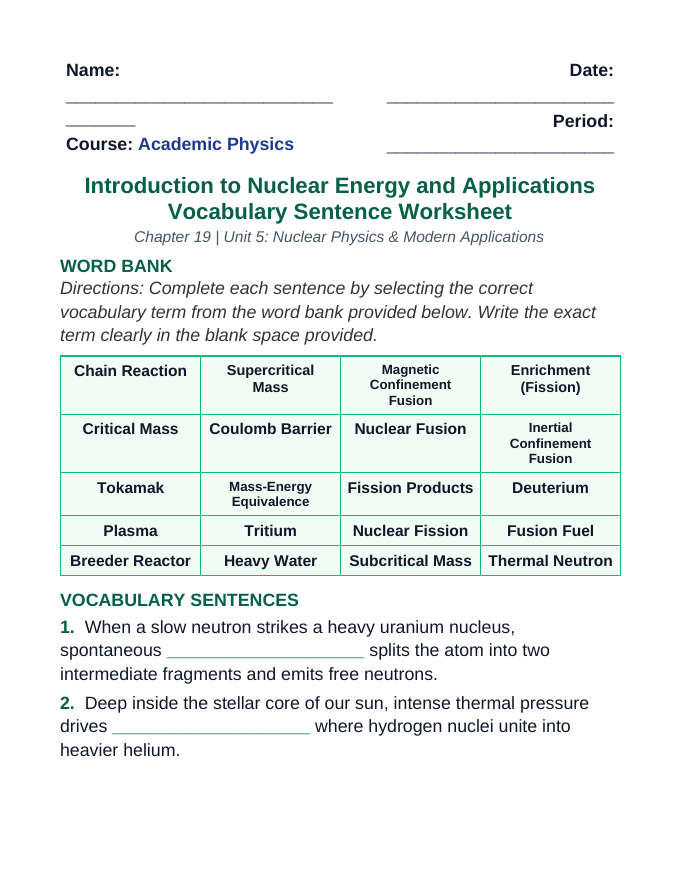 Introduction to Nuclear Energy & Applications Fill-in-the-Blank Vocabulary Worksheet sample page