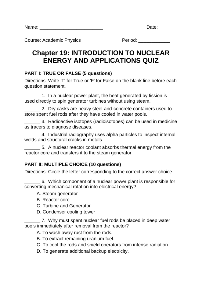 Introduction to Nuclear Energy & Applications Lesson Quiz sample page