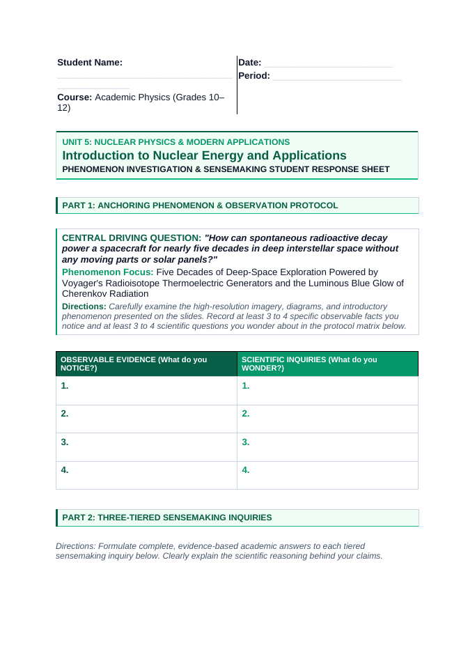 Introduction to Nuclear Energy & Applications Phenomena-Based Lesson: Five Decades of Deep-Space Exploration Powered by Voyager's Radioisotope Thermoelectric Generators and the Luminous Blue Glow of Cherenkov Radiation Student Response Sheet sample page