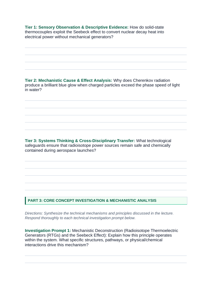 Introduction to Nuclear Energy & Applications Phenomena-Based Lesson: Five Decades of Deep-Space Exploration Powered by Voyager's Radioisotope Thermoelectric Generators and the Luminous Blue Glow of Cherenkov Radiation Student Response Sheet sample page