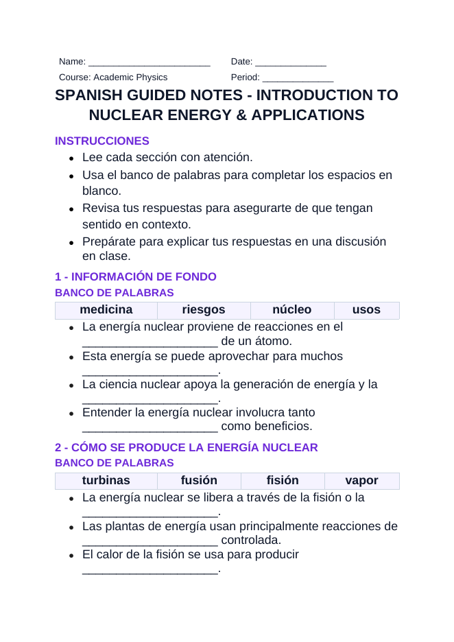Introduction to Nuclear Energy & Applications Spanish Guided Notes sample page