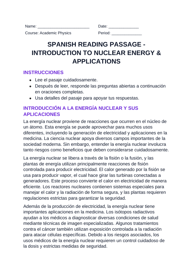 Introduction to Nuclear Energy & Applications Spanish Reading Passage & Comprehension Questions sample page
