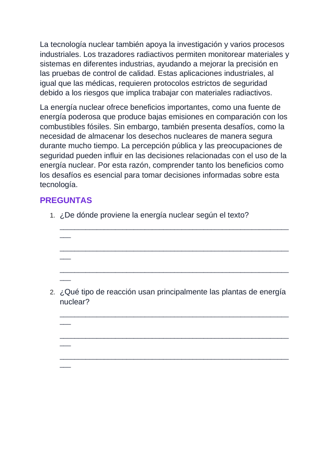 Introduction to Nuclear Energy & Applications Spanish Reading Passage & Comprehension Questions sample page