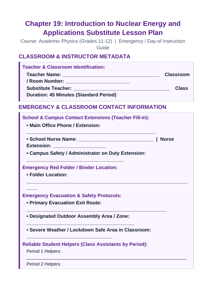 Introduction to Nuclear Energy & Applications Substitute Lesson Plan sample page