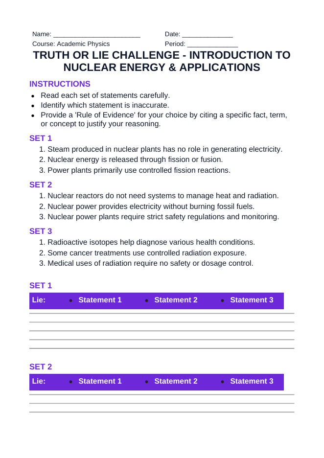 Introduction to Nuclear Energy & Applications Truth or Lie Challenge sample page