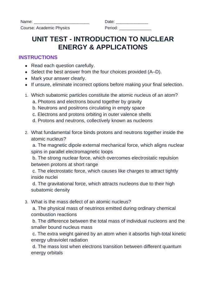 Introduction to Nuclear Energy & Applications Unit Test sample page