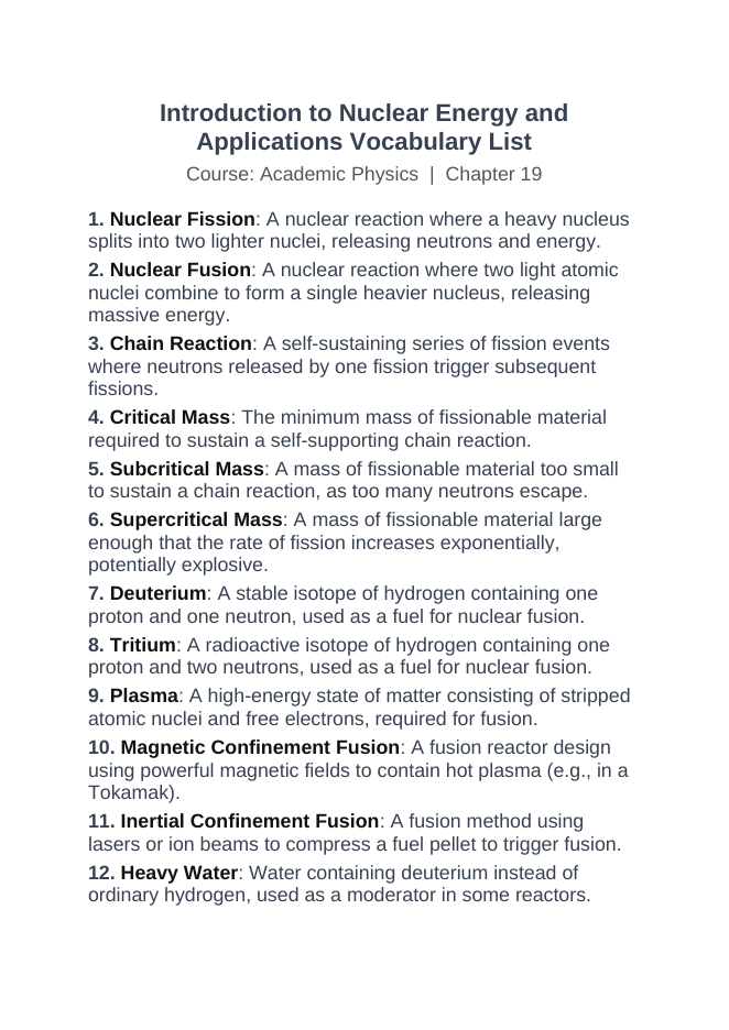 Introduction to Nuclear Energy & Applications Vocabulary Words & Definitions sample page