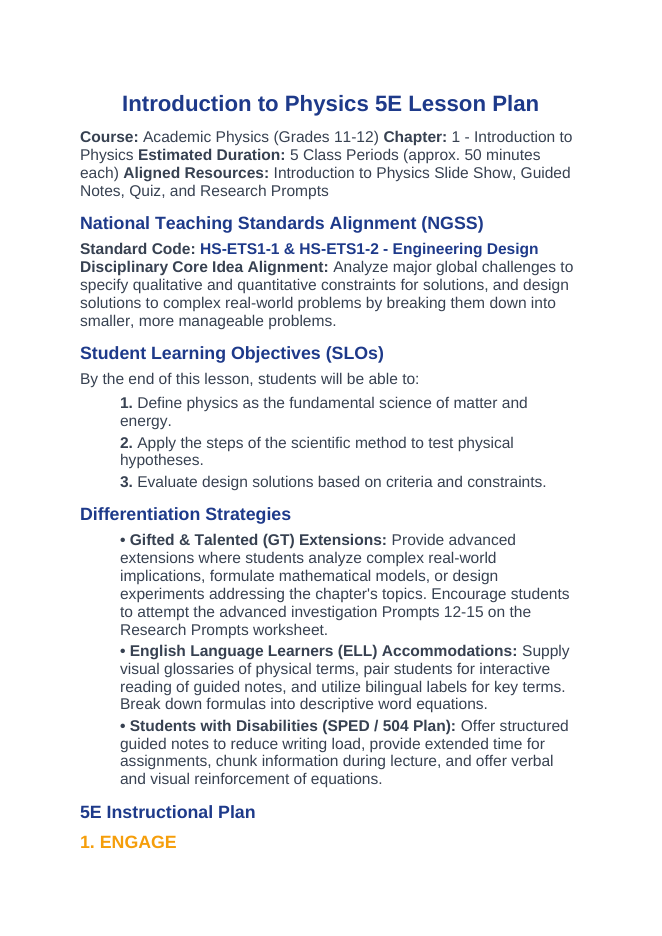 Introduction to Physics & the Scientific Method 5E Lesson Plan sample page