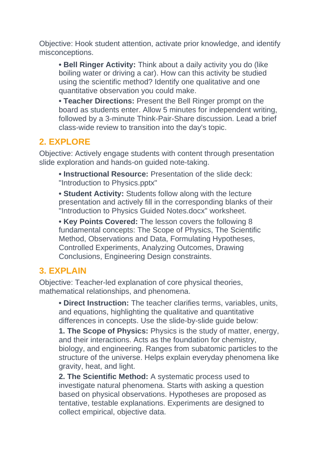 Introduction to Physics & the Scientific Method 5E Lesson Plan sample page