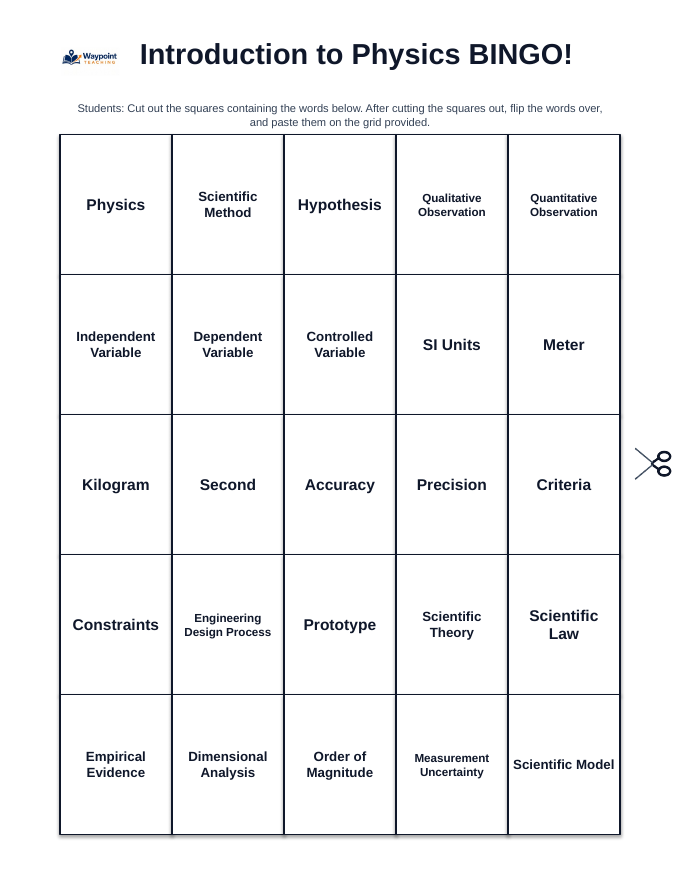 Introduction to Physics & the Scientific Method BINGO Review Game sample page