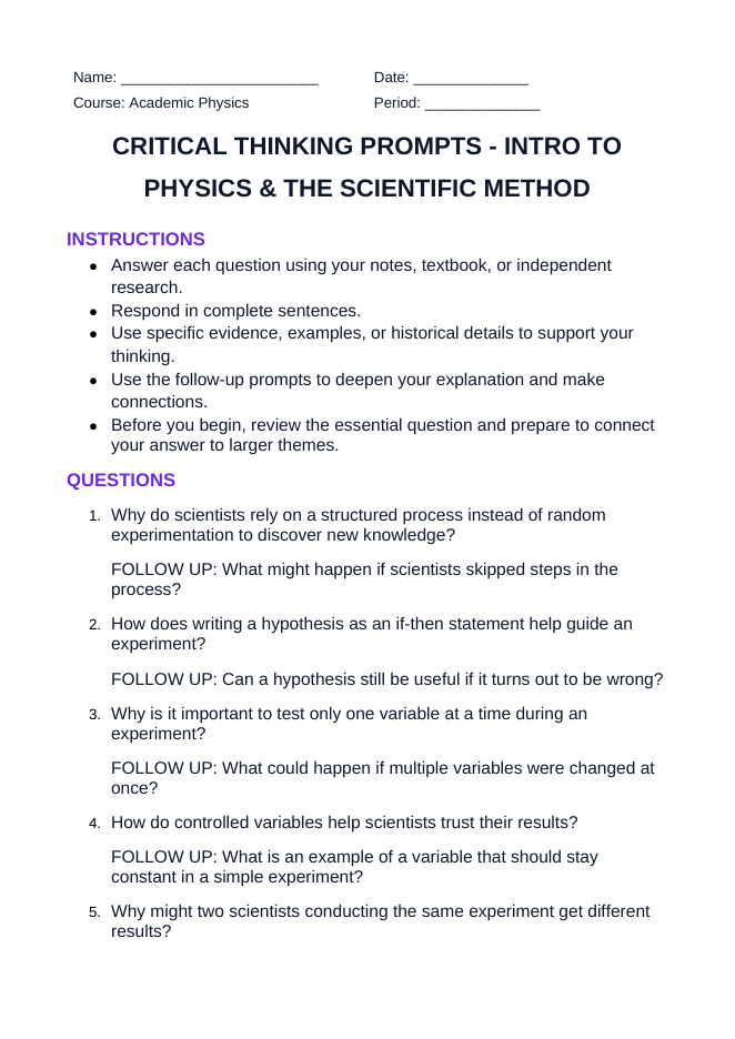 Introduction to Physics & the Scientific Method Critical Thinking Prompts sample page