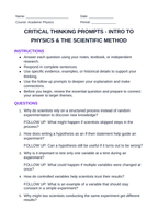 Introduction to Physics & the Scientific Method Critical Thinking Prompts sample page