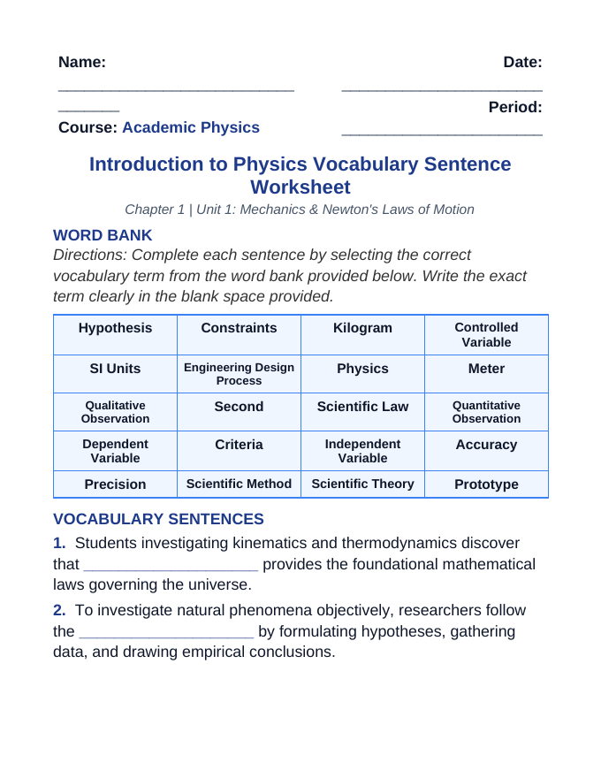 Introduction to Physics & the Scientific Method Fill-in-the-Blank Vocabulary Worksheet sample page