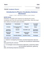 Introduction to Physics & the Scientific Method Fill-in-the-Blank Vocabulary Worksheet sample page