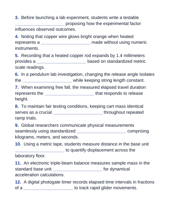 Introduction to Physics & the Scientific Method Fill-in-the-Blank Vocabulary Worksheet sample page
