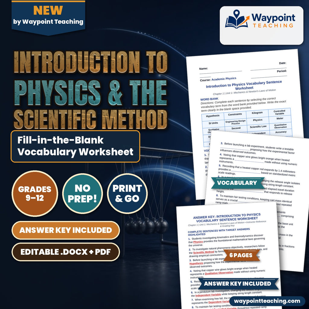 Introduction to Physics & the Scientific Method Fill-in-the-Blank Vocabulary Worksheet cover