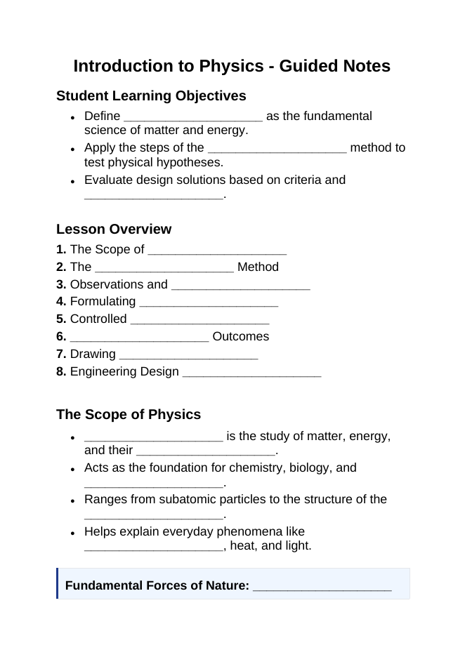 Introduction to Physics & the Scientific Method Guided Notes sample page