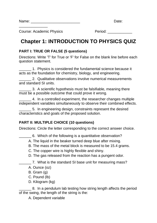 Introduction to Physics & the Scientific Method Lesson Quiz sample page