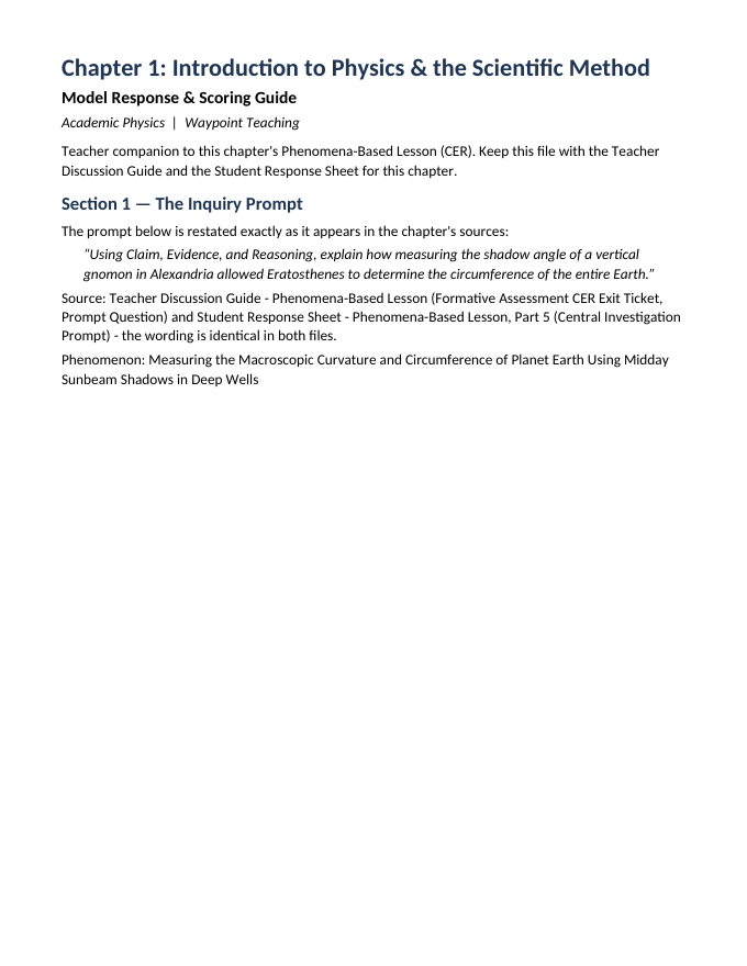 Introduction to Physics & the Scientific Method Model Response & Scoring Guide sample page