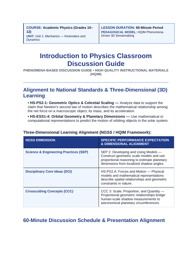 Introduction to Physics & the Scientific Method Phenomena-Based Lesson: Measuring the Macroscopic Curvature and Circumference of Planet Earth Using Midday Sunbeam Shadows in Deep Wells Teacher Discussion Guide sample page