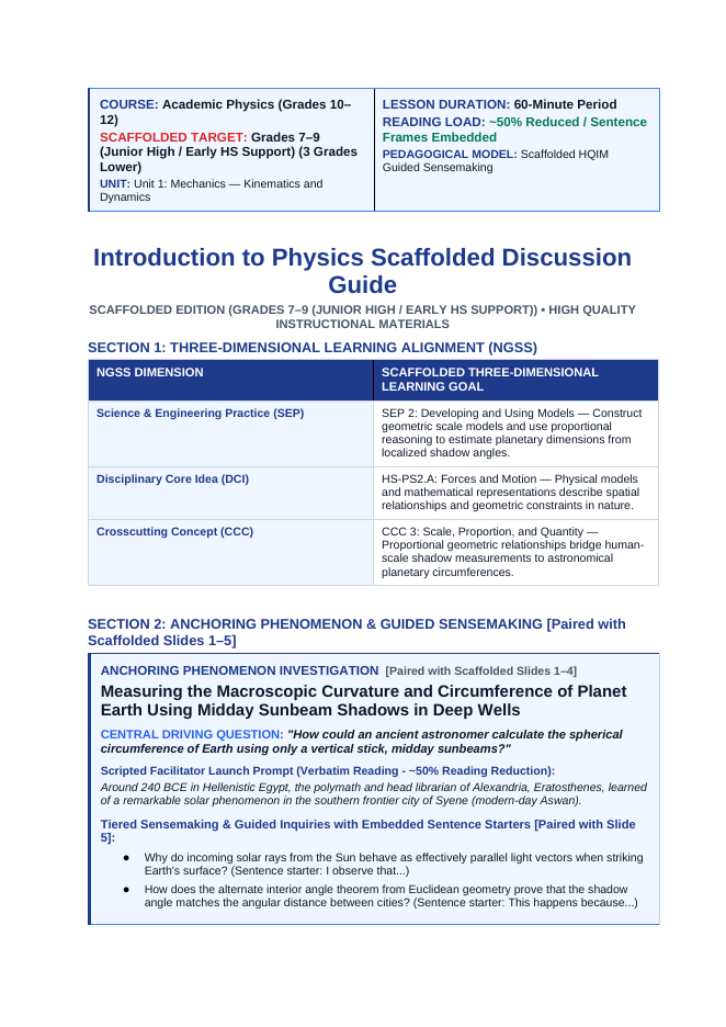 Introduction to Physics & the Scientific Method Scaffolded Phenomena-Based Lesson: Measuring the Macroscopic Curvature and Circumference of Planet Earth Using Midday Sunbeam Shadows in Deep Wells Teacher Discussion Guide sample page
