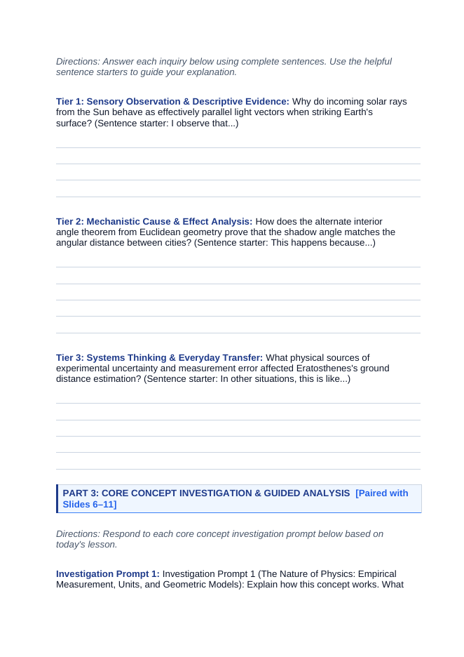 Introduction to Physics & the Scientific Method Scaffolded Phenomena-Based Lesson: Measuring the Macroscopic Curvature and Circumference of Planet Earth Using Midday Sunbeam Shadows in Deep Wells Student Response Sheet sample page