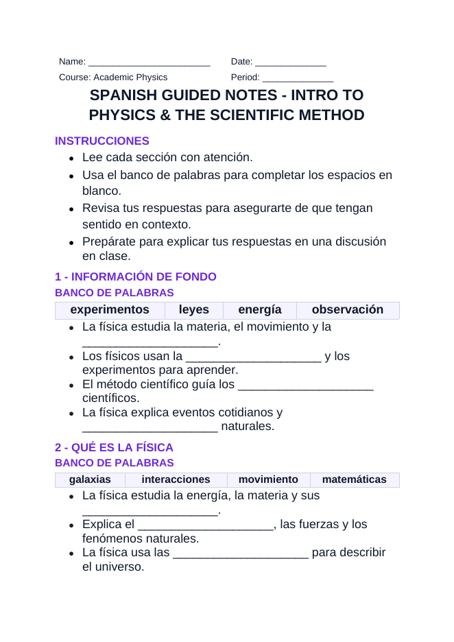 Introduction to Physics & the Scientific Method Spanish Guided Notes sample page