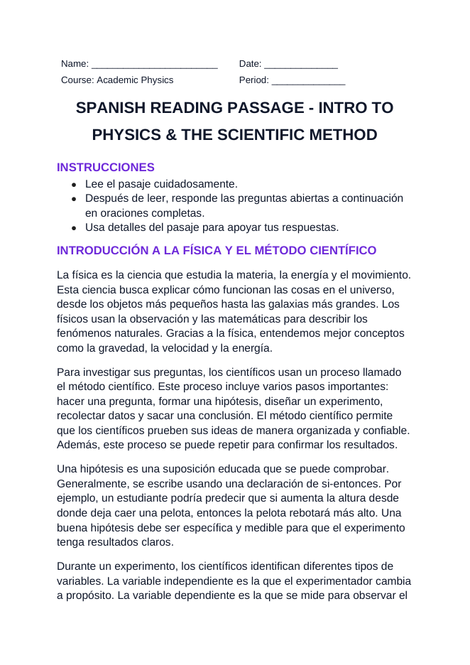 Introduction to Physics & the Scientific Method Spanish Reading Passage & Comprehension Questions sample page