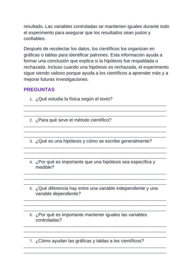 Introduction to Physics & the Scientific Method Spanish Reading Passage & Comprehension Questions sample page