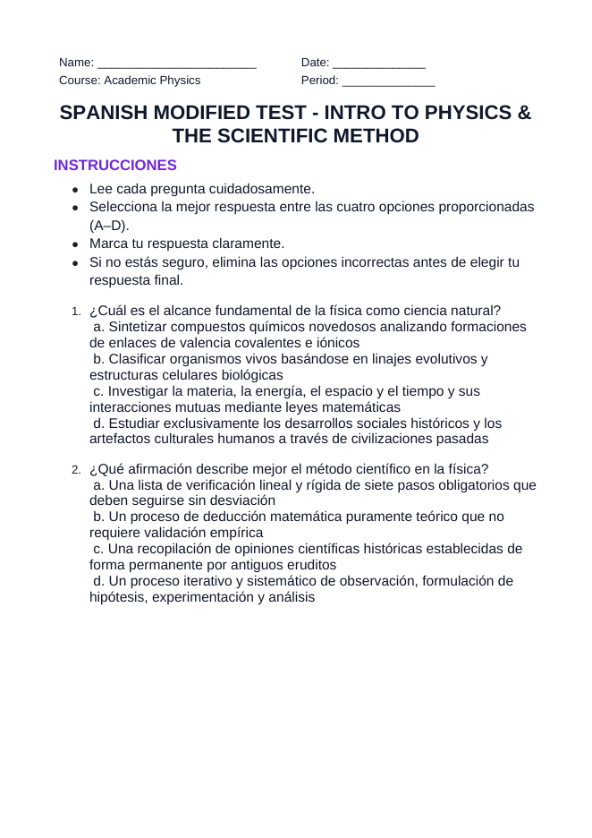 Introduction to Physics & the Scientific Method Spanish Unit Test sample page