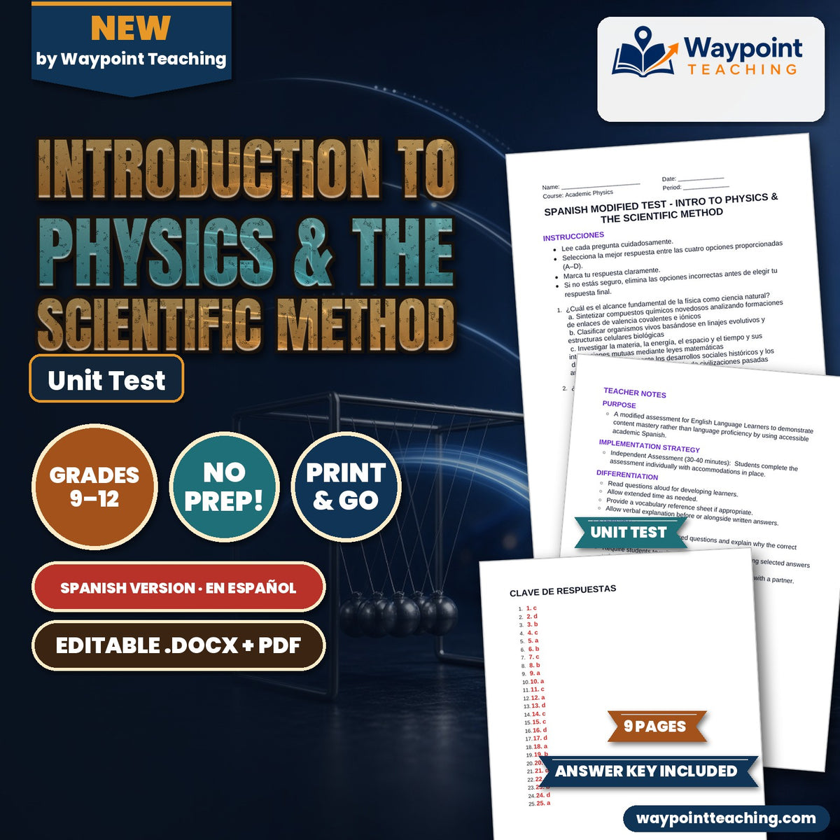 Introduction to Physics & the Scientific Method Spanish Unit Test cover