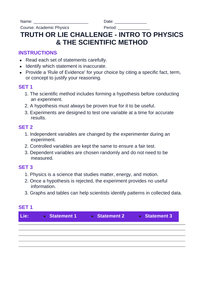 Introduction to Physics & the Scientific Method Truth or Lie Challenge sample page