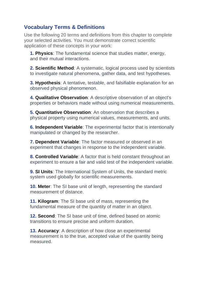 Introduction to Physics & the Scientific Method Vocabulary Choice Board sample page