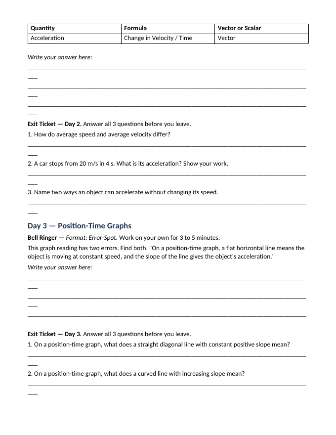 Kinematics: Describing Motion Bell Ringers & Exit Tickets sample page