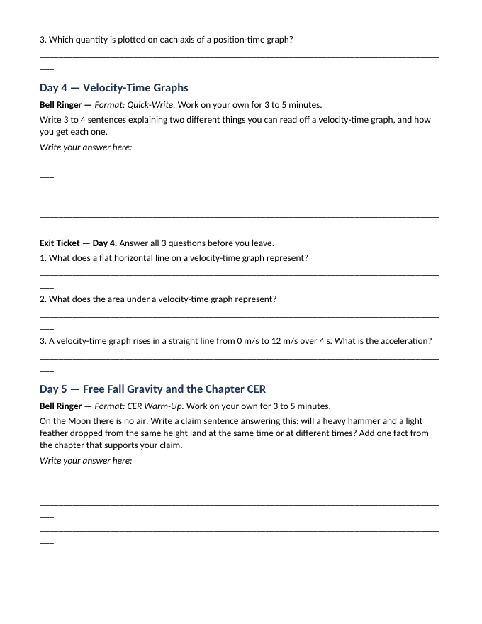 Kinematics: Describing Motion Bell Ringers & Exit Tickets sample page