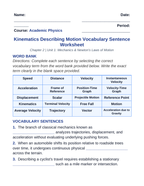 Kinematics: Describing Motion Fill-in-the-Blank Vocabulary Worksheet sample page