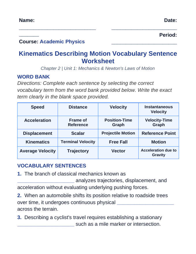 Kinematics: Describing Motion Fill-in-the-Blank Vocabulary Worksheet sample page