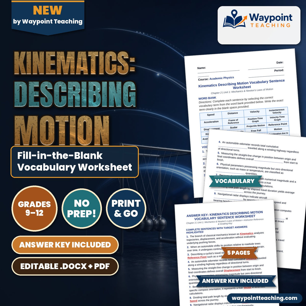Kinematics: Describing Motion Fill-in-the-Blank Vocabulary Worksheet cover