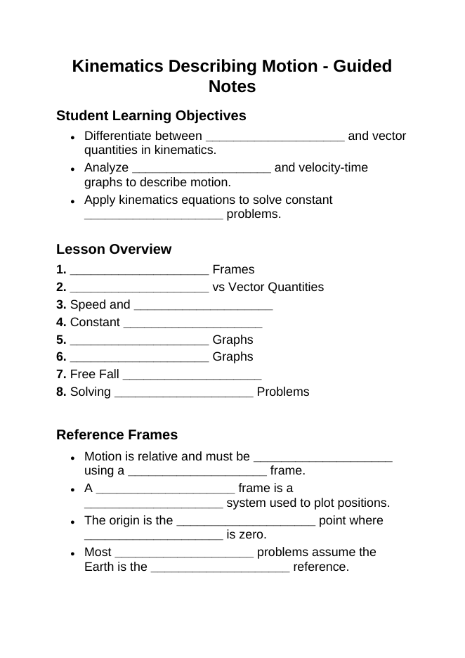 Kinematics: Describing Motion Guided Notes sample page