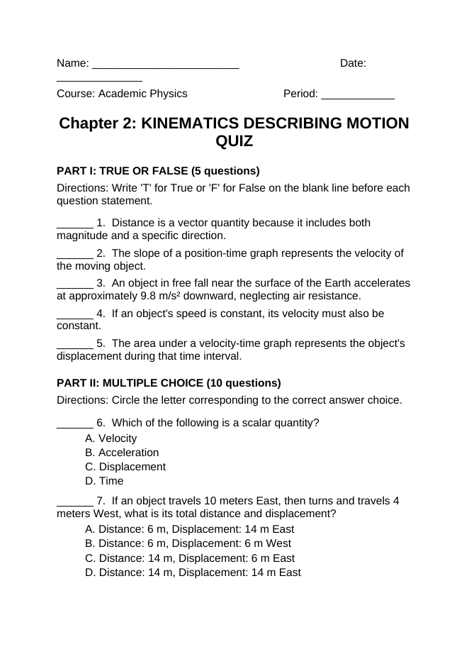 Kinematics: Describing Motion Lesson Quiz sample page