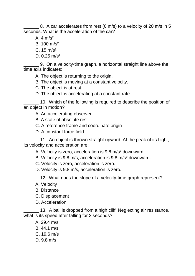 Kinematics: Describing Motion Lesson Quiz sample page