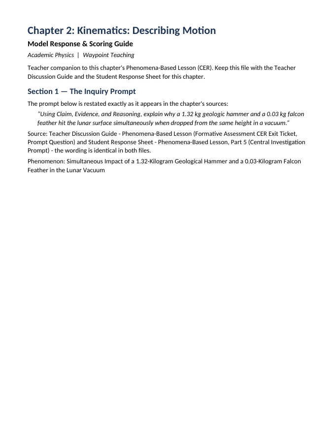 Kinematics: Describing Motion Model Response & Scoring Guide sample page
