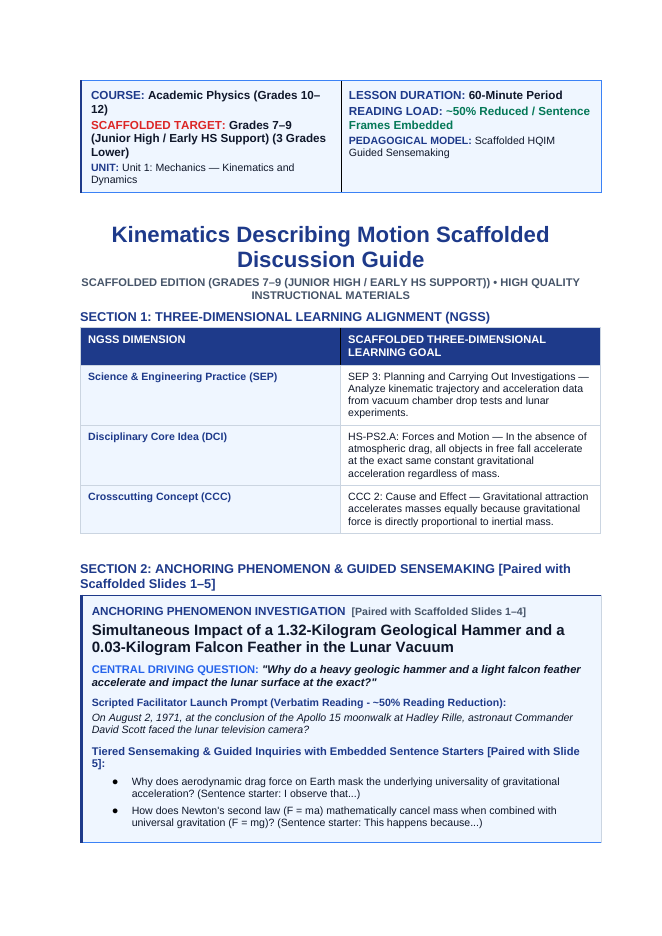 Kinematics: Describing Motion Scaffolded Phenomena-Based Lesson: Simultaneous Impact of a 1.32-Kilogram Geological Hammer and a 0.03-Kilogram Falcon Feather in the Lunar Vacuum Teacher Discussion Guide sample page