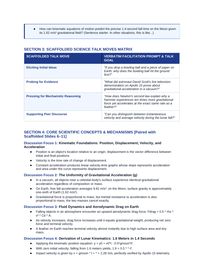 Kinematics: Describing Motion Scaffolded Phenomena-Based Lesson: Simultaneous Impact of a 1.32-Kilogram Geological Hammer and a 0.03-Kilogram Falcon Feather in the Lunar Vacuum Teacher Discussion Guide sample page