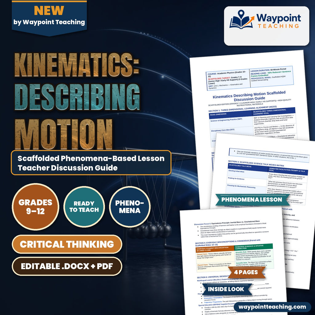 Kinematics: Describing Motion Scaffolded Phenomena-Based Lesson: Simultaneous Impact of a 1.32-Kilogram Geological Hammer and a 0.03-Kilogram Falcon Feather in the Lunar Vacuum Teacher Discussion Guide cover